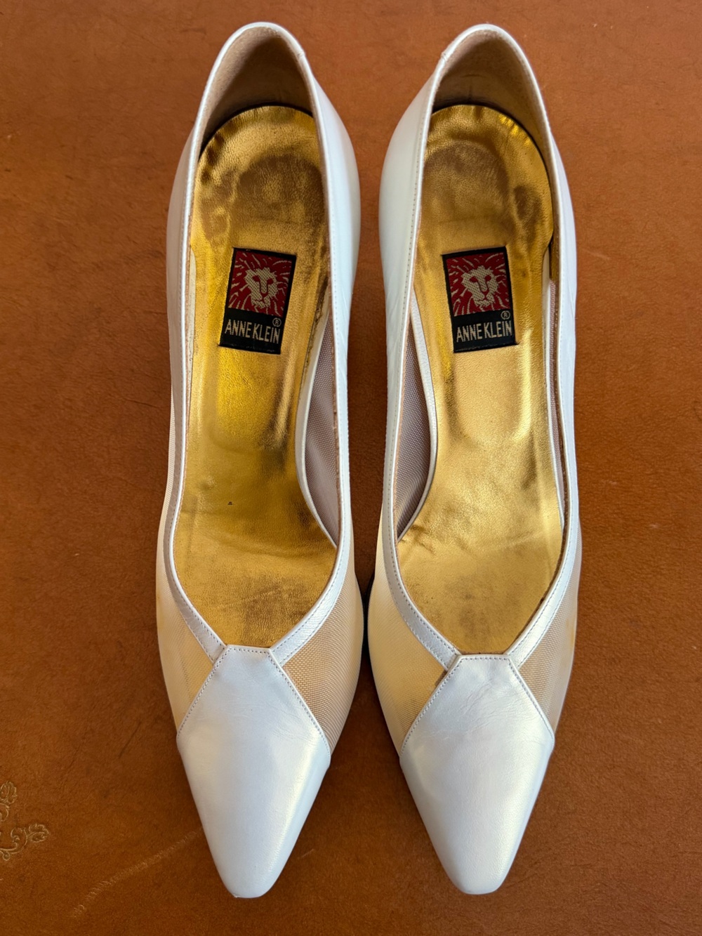 Vintage Anne Klein White Leather & Sheer Mesh Pointed Toe Pumps⁠